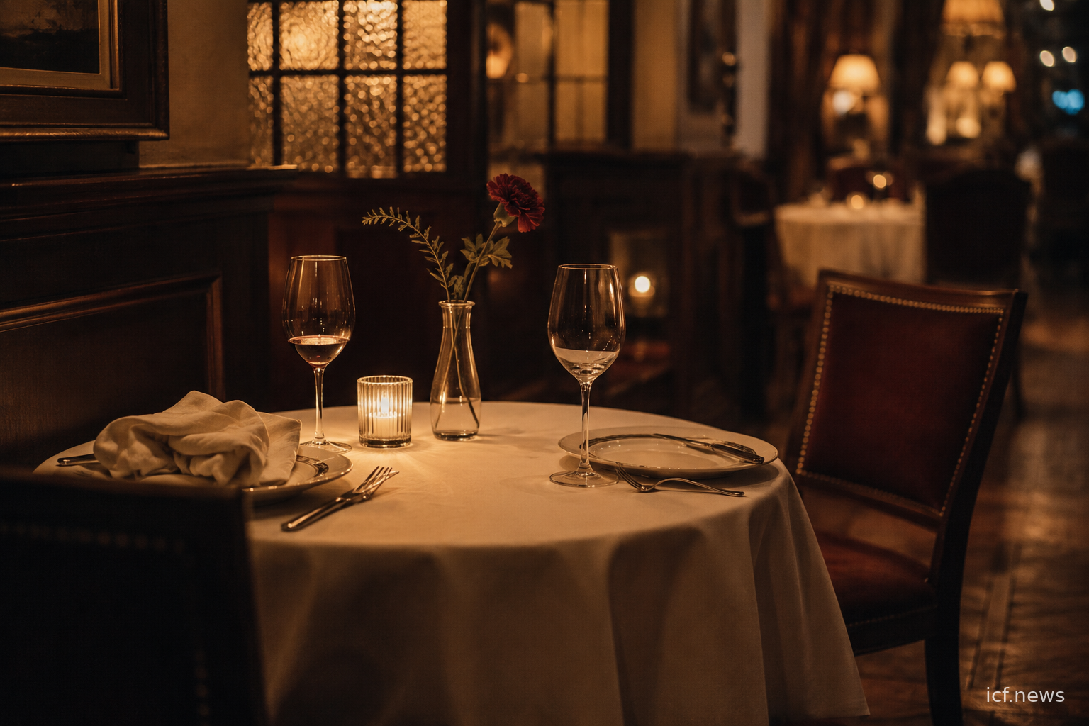 Table de restaurant dressée pour deux dans une lumière chaude, un couvert entamé, l'autre intact, une chaise vide légèrement de travers