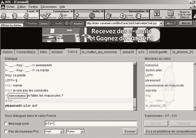 Capture d'écran de l'interface Caramail sous AOL, salon France, avec liste des membres et messages d'avertissement de modération