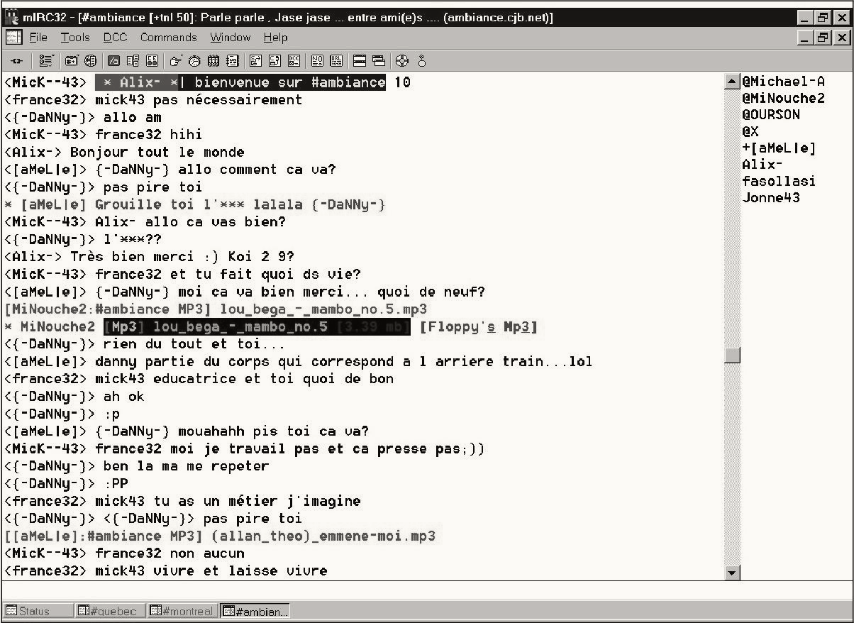 Capture d'écran de mIRC montrant le canal francophone #ambiance, conversation entre plusieurs pseudonymes