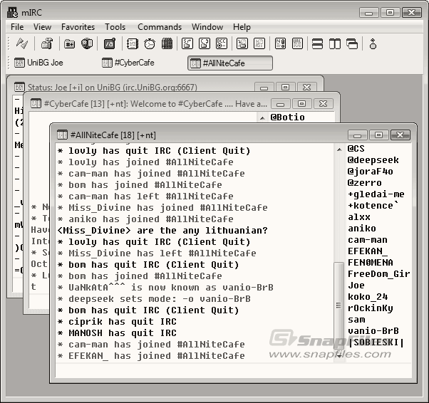 Capture d'écran de mIRC montrant le canal #AllNiteCafe, avec la liste des connectés et un flux d'arrivées et de départs continus