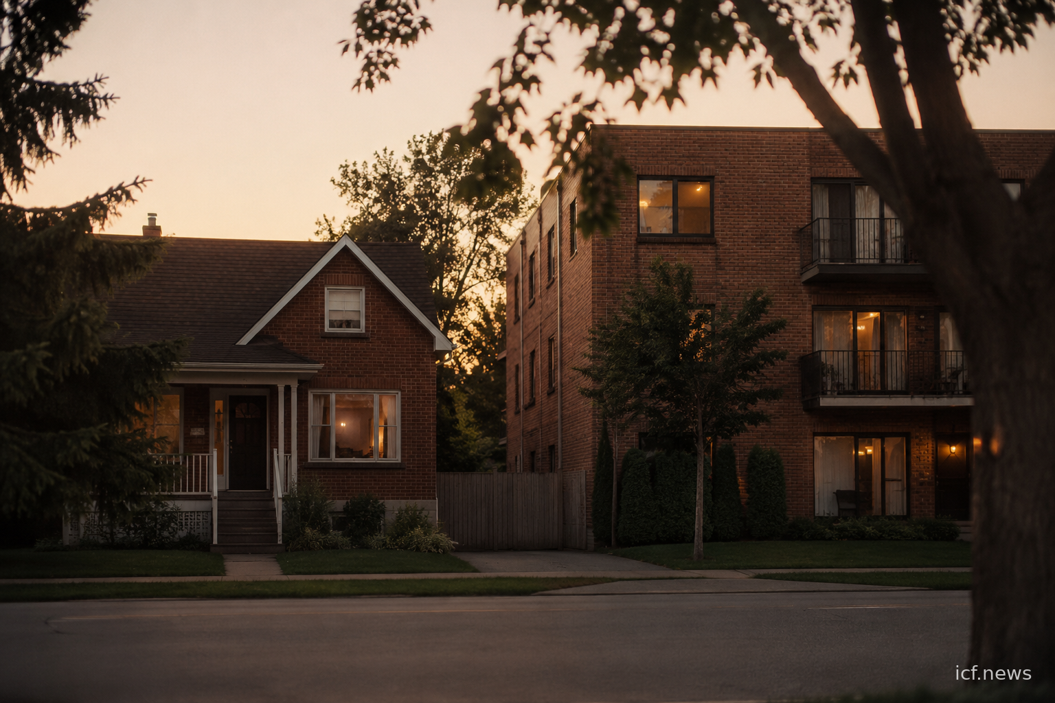 Quartier résidentiel mêlant maison et immeuble à l'heure dorée, sans personne identifiable