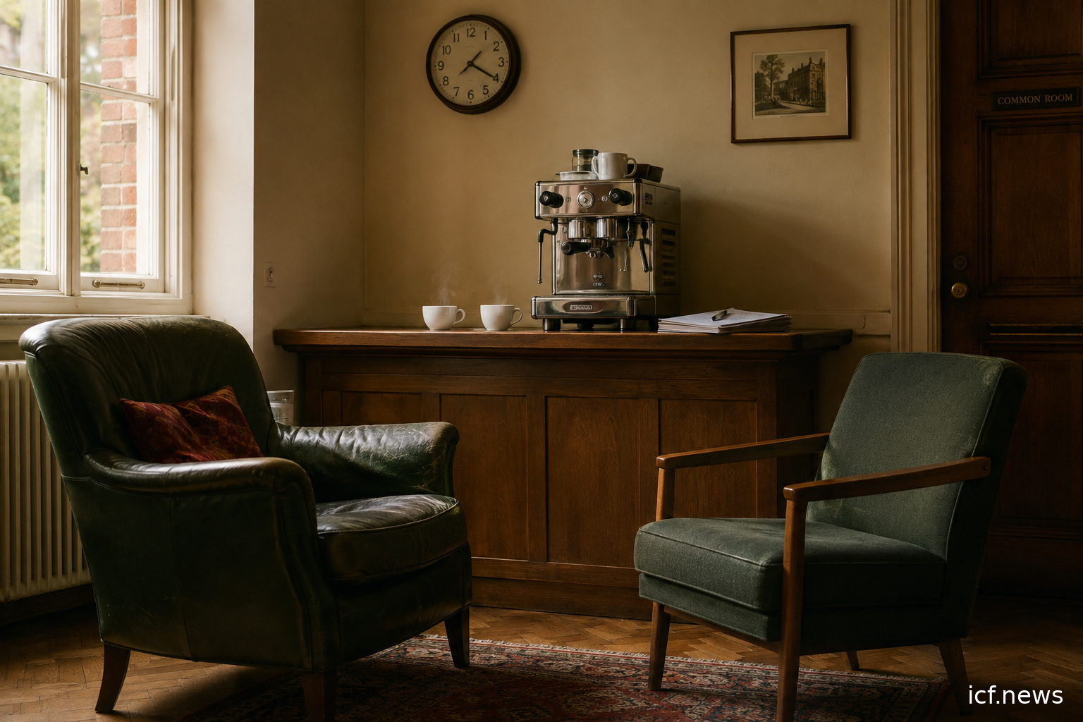 Le café de l'Institut : deux tasses, deux fauteuils dépareillés, une horloge