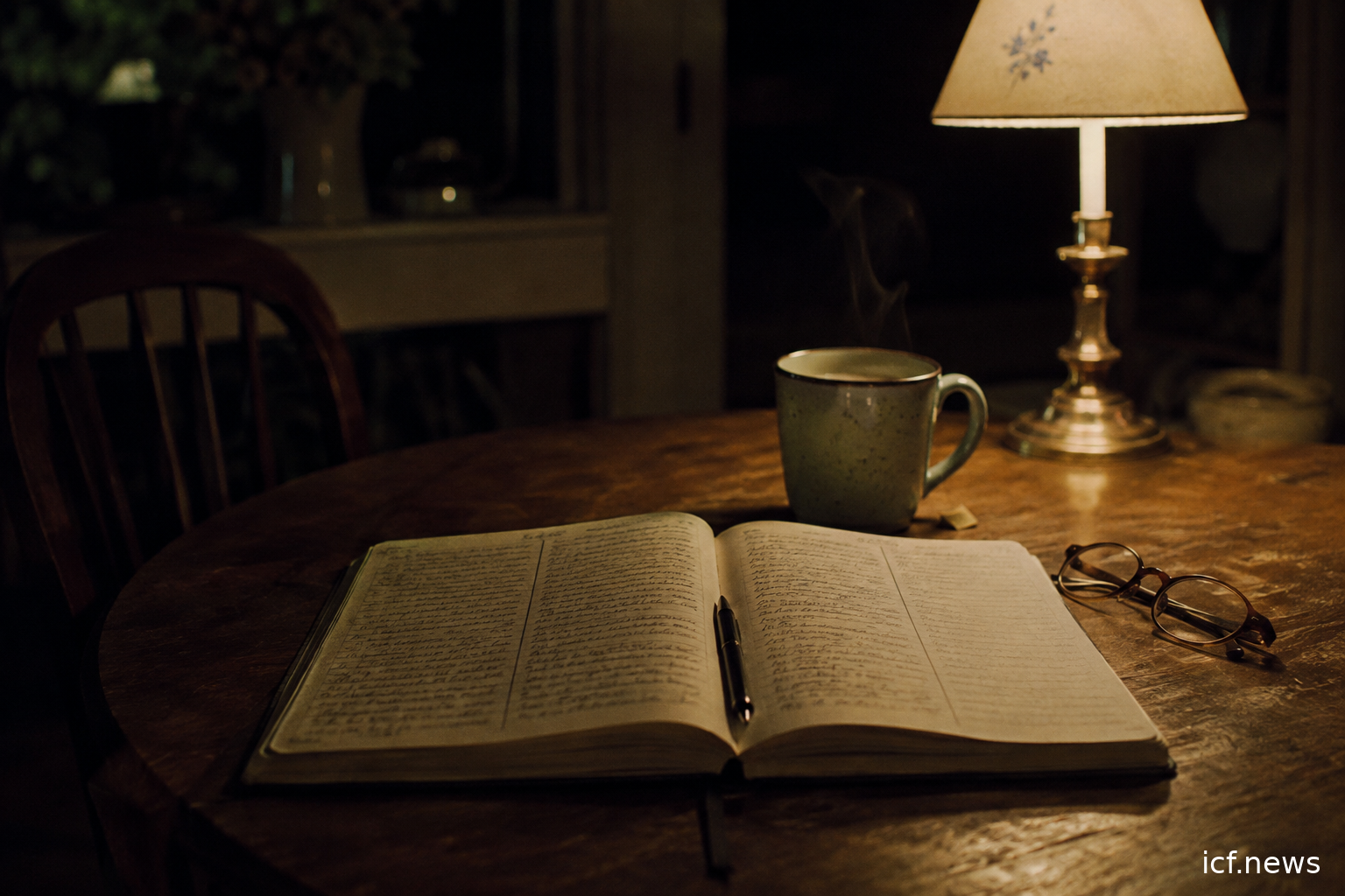 Le carnet ouvert sous la lampe, la colonne trois presque vide