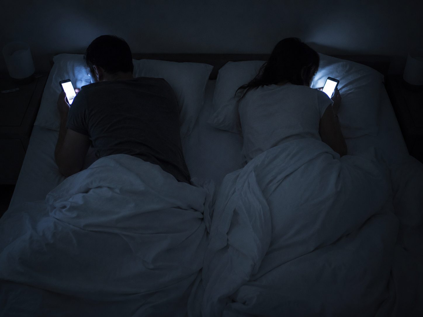 Couple éclairé par la lumière bleue de leurs écrans