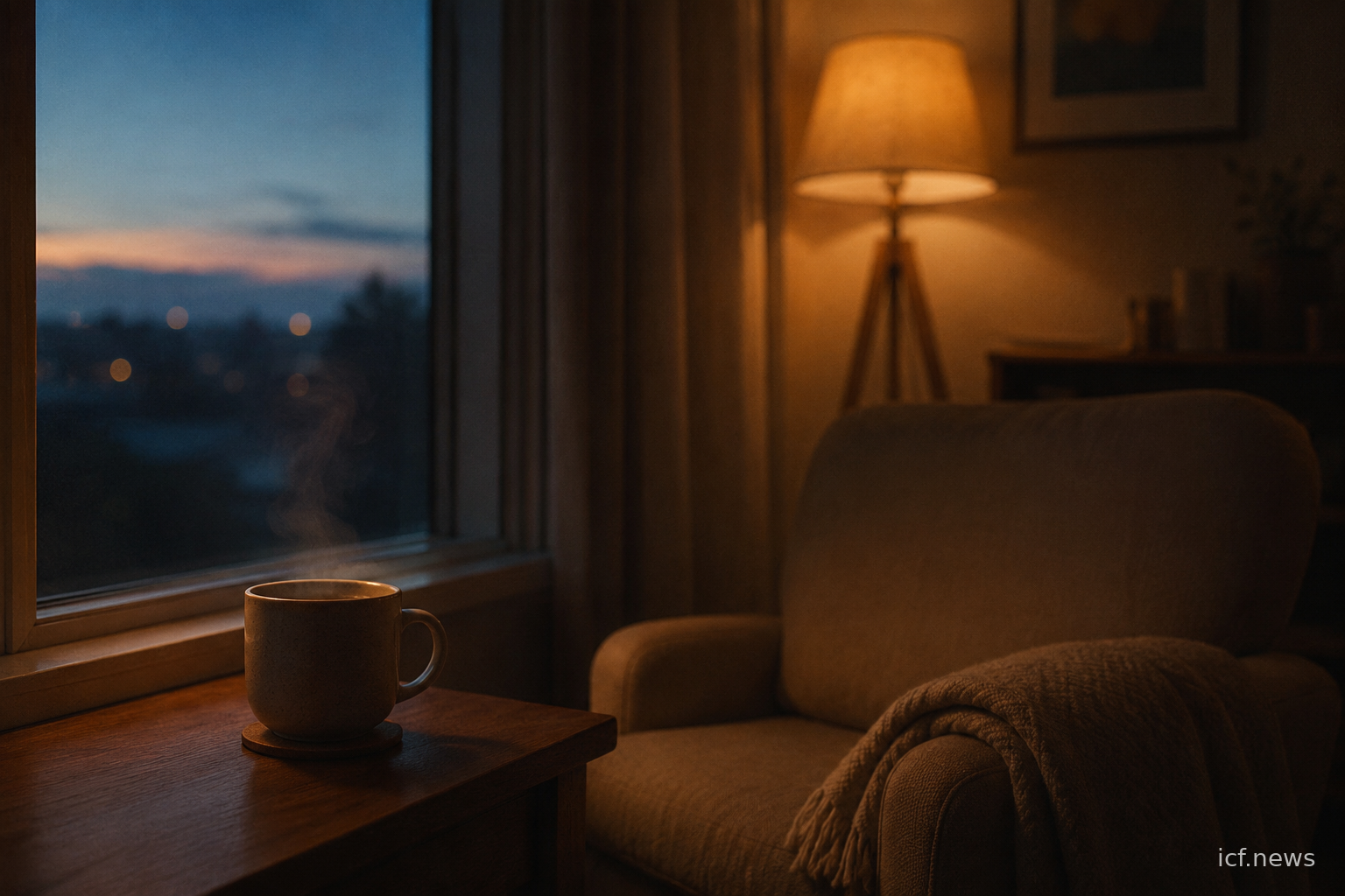 Fenêtre au crépuscule vue de l'intérieur, lumière chaude d'une lampe, une tasse posée, une chaise, aucune présence