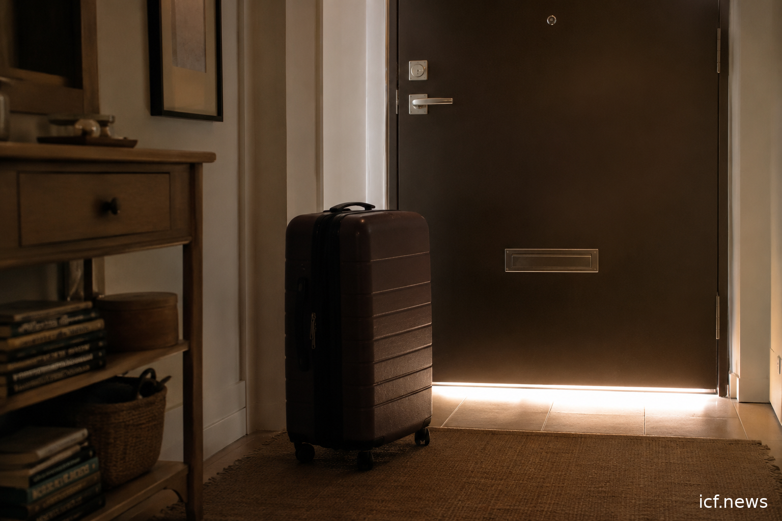 Une entrée d'appartement au petit matin, une valise fermée posée près d'une porte immobile, la lumière du palier au sol