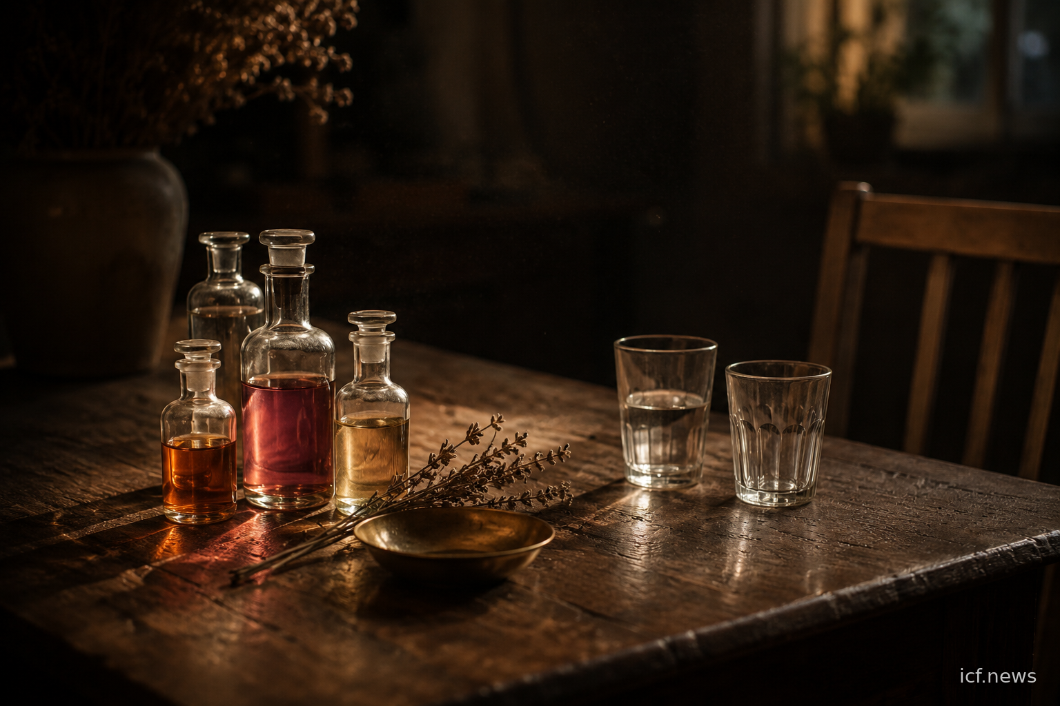 Table en bois dans une lumière chaude du soir, cinq fioles d'apothicaire et deux verres dont un seul entamé, une chaise vide en partie dans le cadre