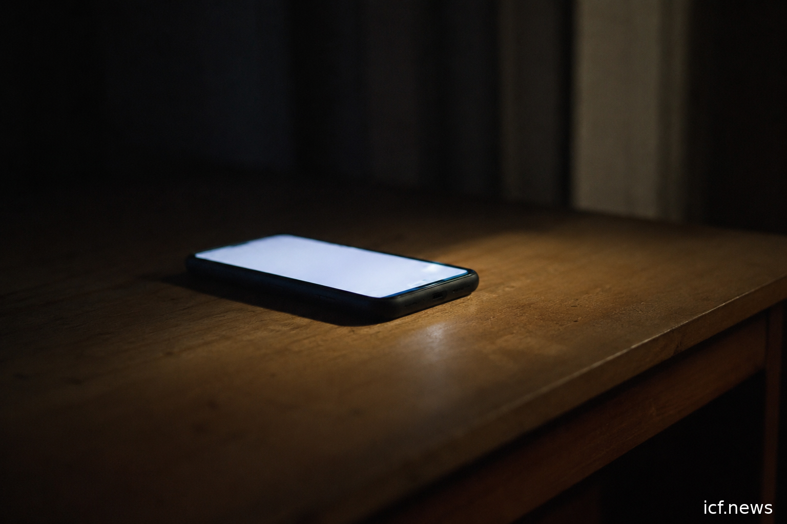 Un téléphone posé dans la pénombre, l'écran allumé, une flèche d'envoi partant vers le hors-champ