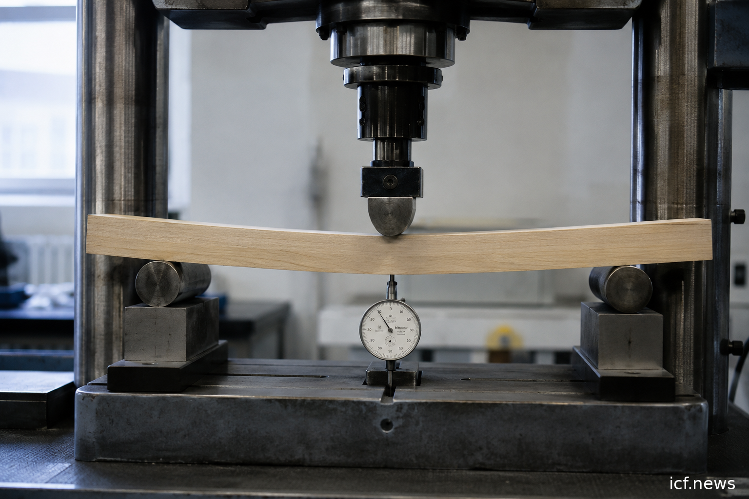Un essai de flexion trois points : une poutre de bois sous presse, une jauge mesurant la déformation