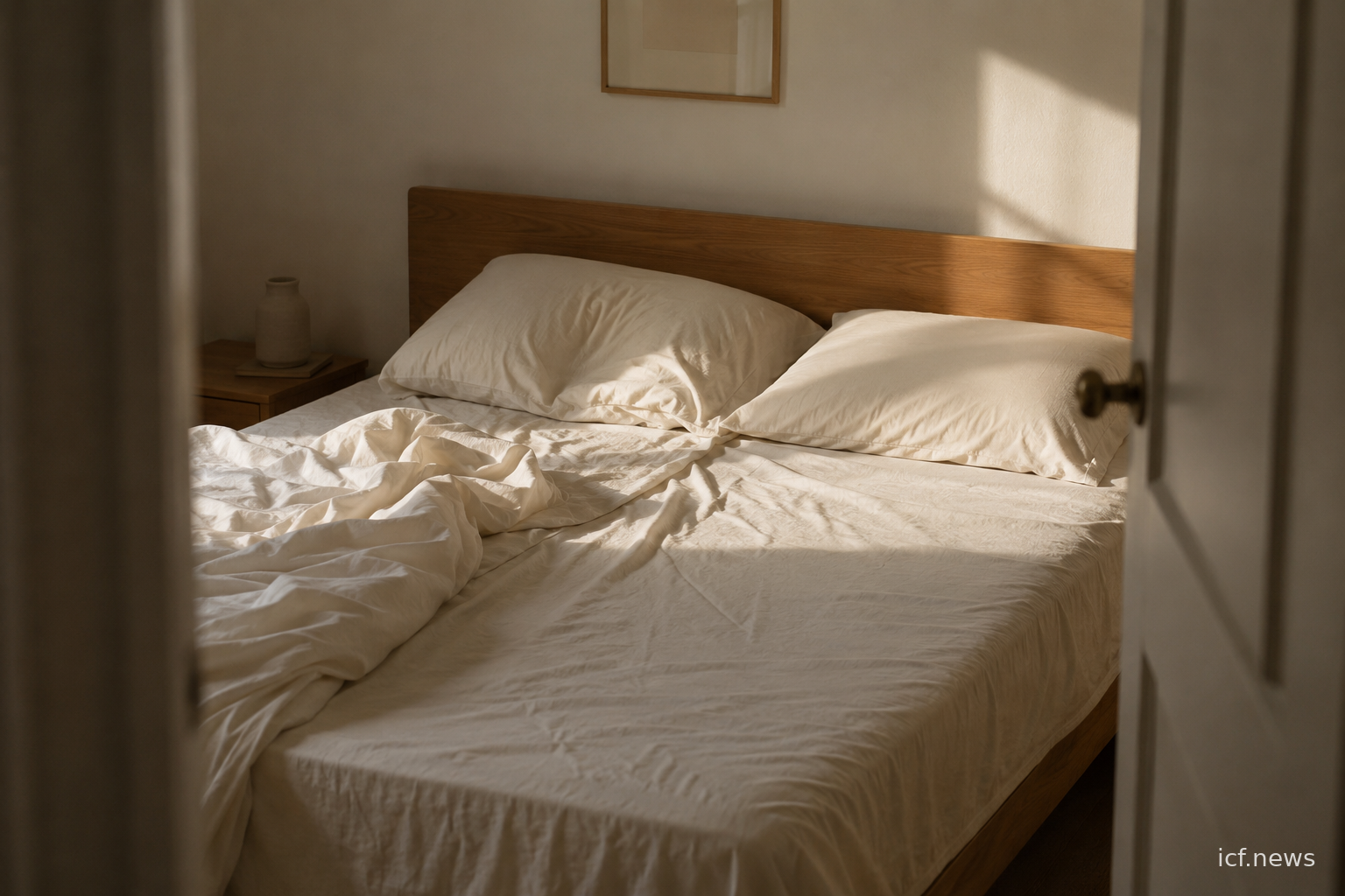 Lit défait d'un seul côté, lumière du matin, vu depuis la porte
