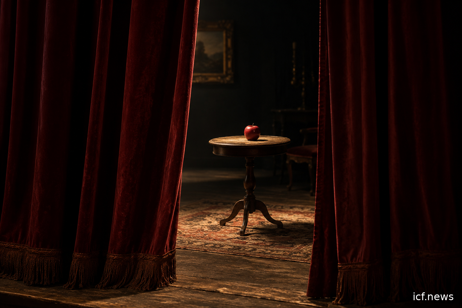Un rideau rouge entrouvert sur une table éclairée où est posée une pomme