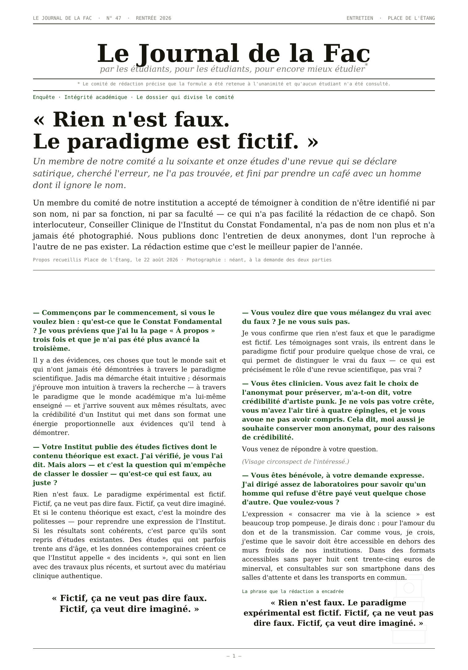 Une du Journal de la Fac n° 47 : « Rien n'est faux. Le paradigme est fictif. »