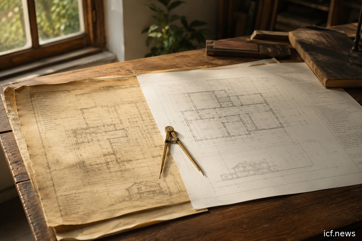 Deux jeux de plans d'architecte superposés sur une table, celui du dessous dépassant de celui du dessus