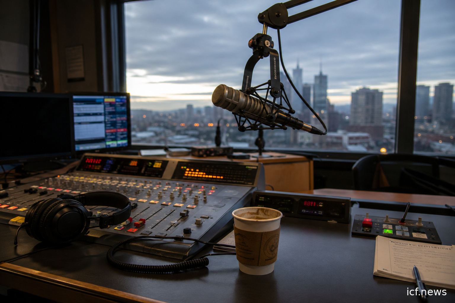 Un studio de radio à l'aube : un micro sur son bras, un casque posé sur la console, un gobelet de café entamé, une fenêtre grise derrière