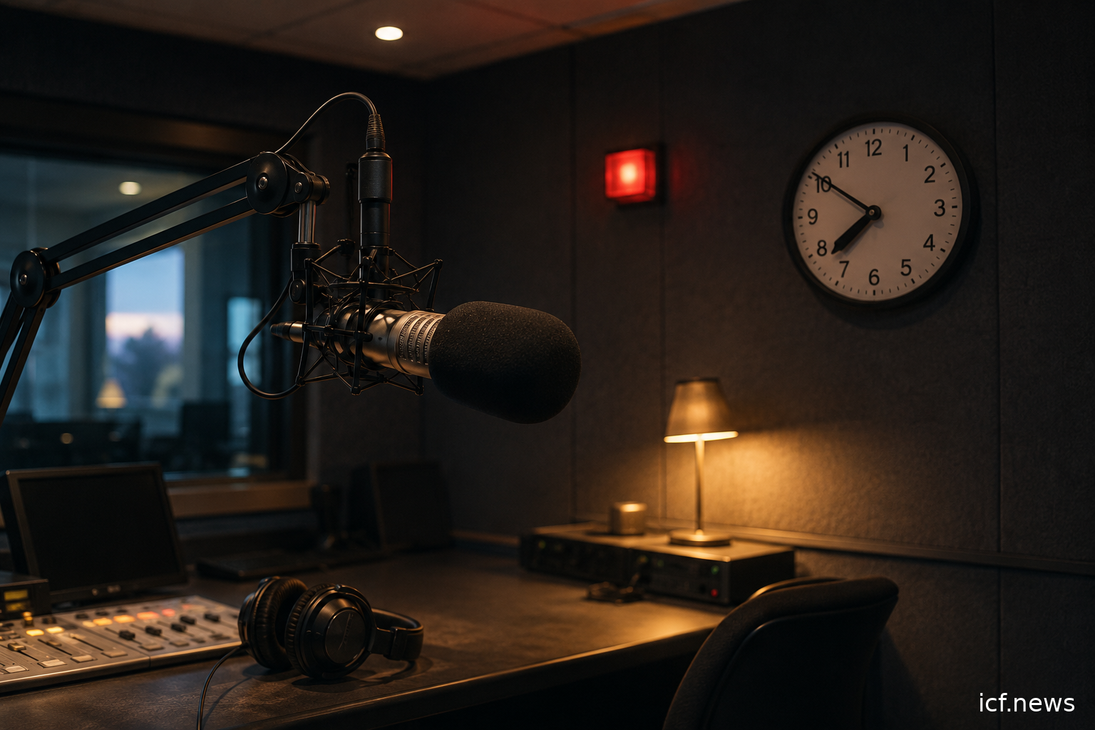 Un studio de radio au petit matin : un micro, un casque posé, un voyant rouge allumé, une horloge à 7 h 50