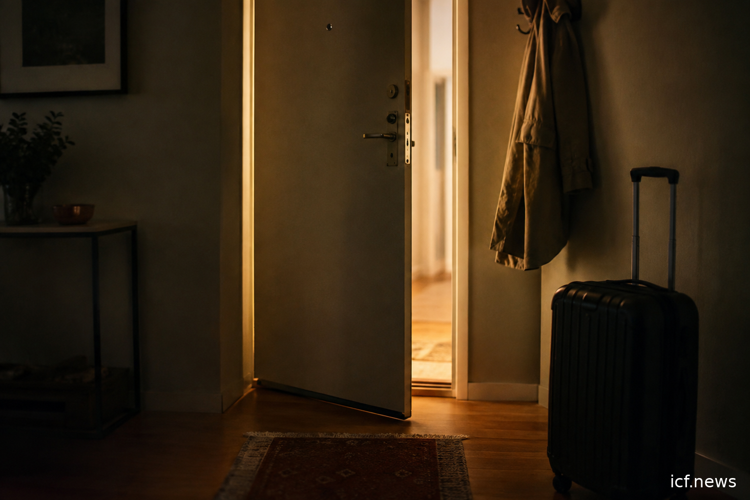 Une porte entrouverte, une valise posée, un manteau resté à la patère