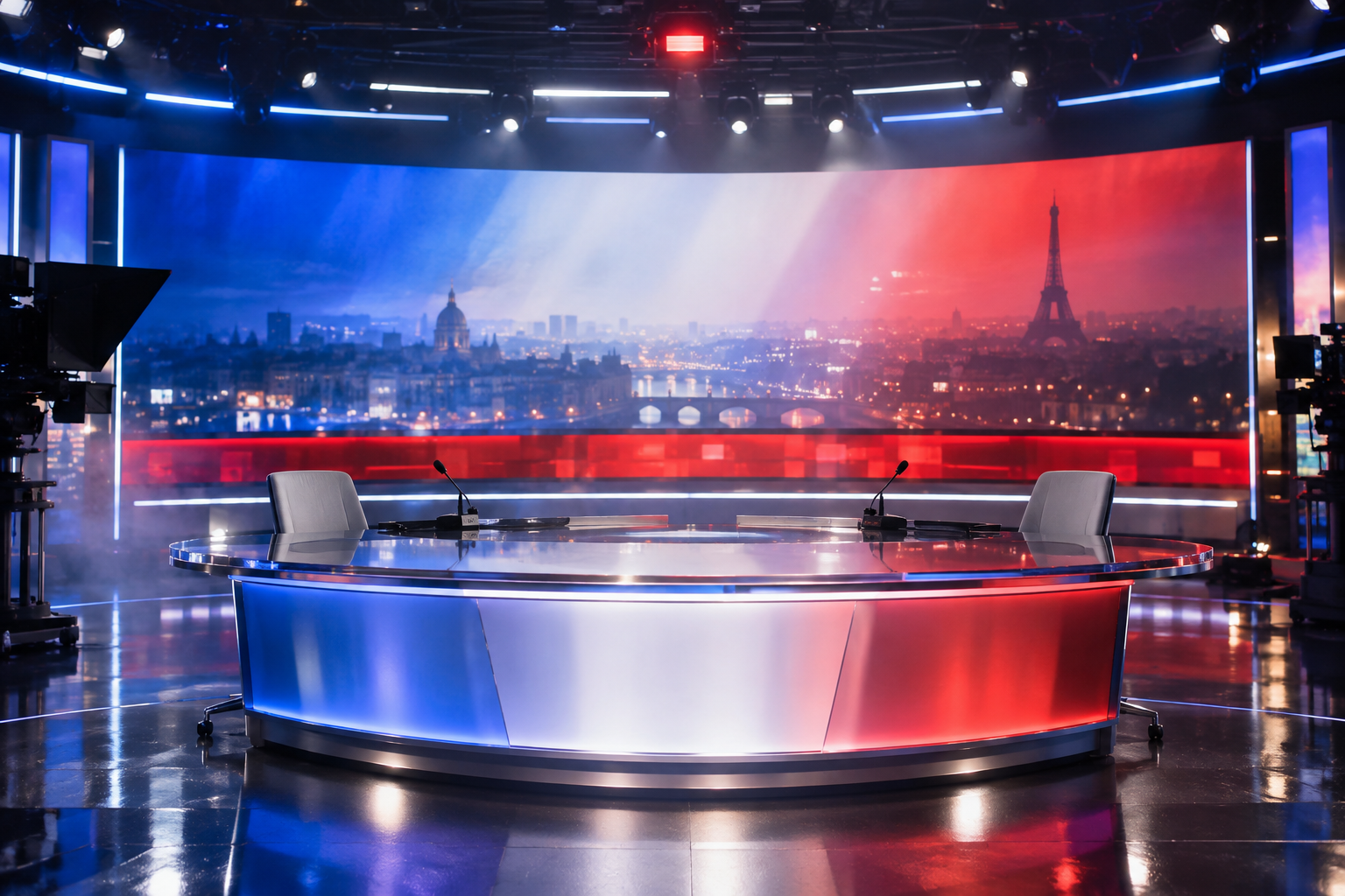 Un plateau de télévision vide, bleu, blanc, rouge
