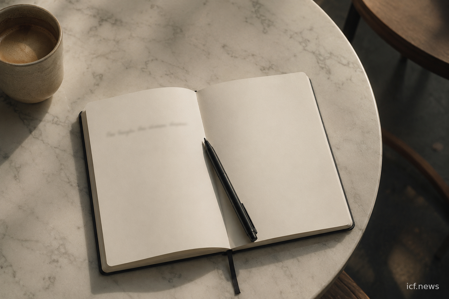 Carnet ouvert sur une table de café, une seule phrase écrite, le reste vierge