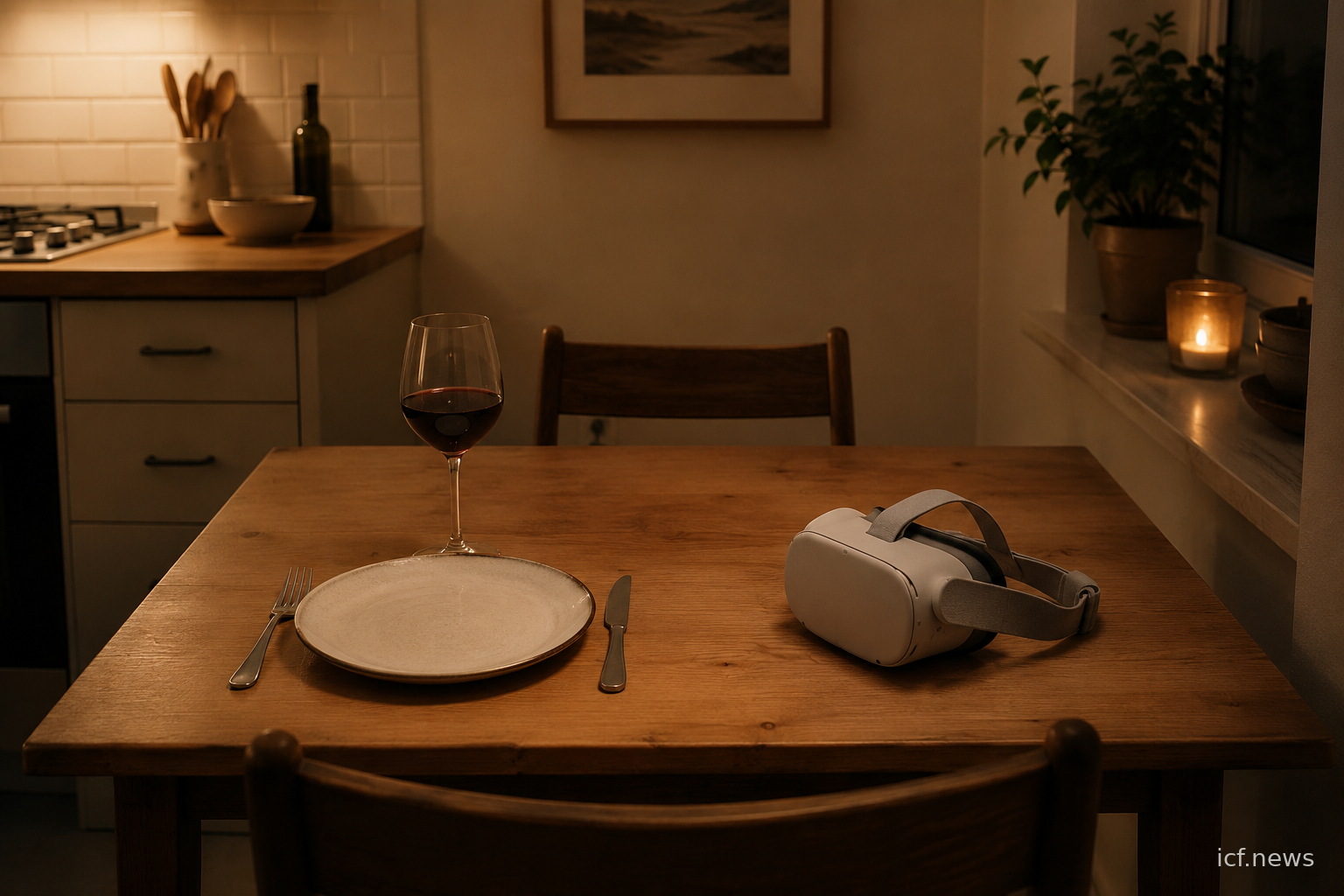 Casque de réalité virtuelle posé sur une table de cuisine, deux couverts dressés